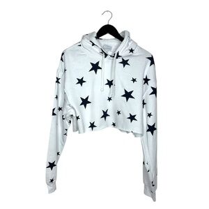 NWT Bloom + Pop White Navy Star Print Cropped Hoodie Sweatshirt Size Large